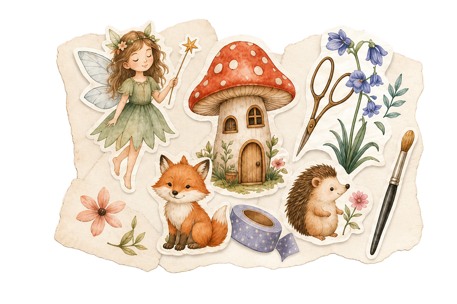 A handmade collage of woodland characters, flowers and creative tools