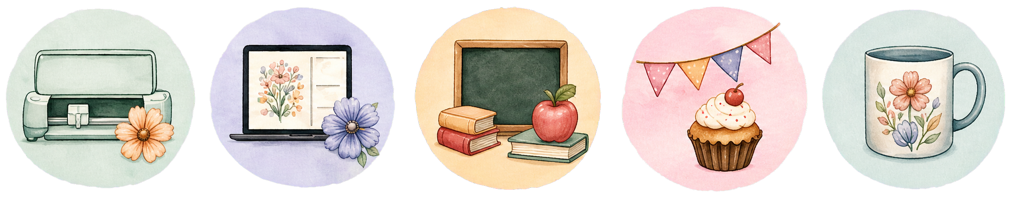 Watercolor project illustrations for Cricut, Canva, teachers, parties and sublimation