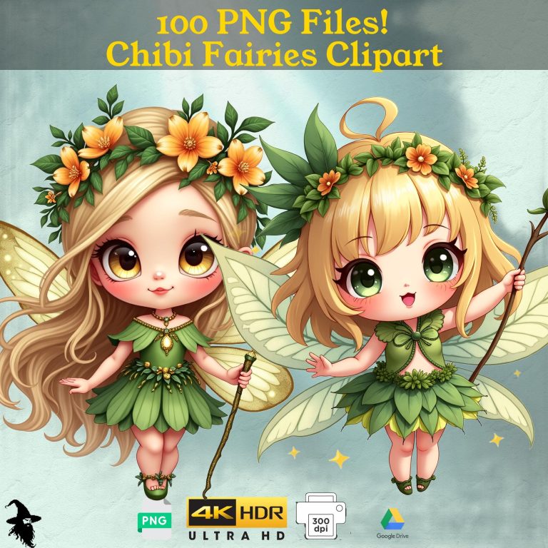 100 Cute Fairy Chibi Clipart Graphics, Transparent Background PNG, Perfect for Enchanted Forest Themes & Creative Projects
