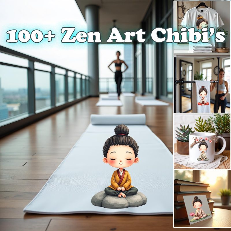 Zen Meditation Chibi Clipart: Watercolor Yoga Art (Digital Download)