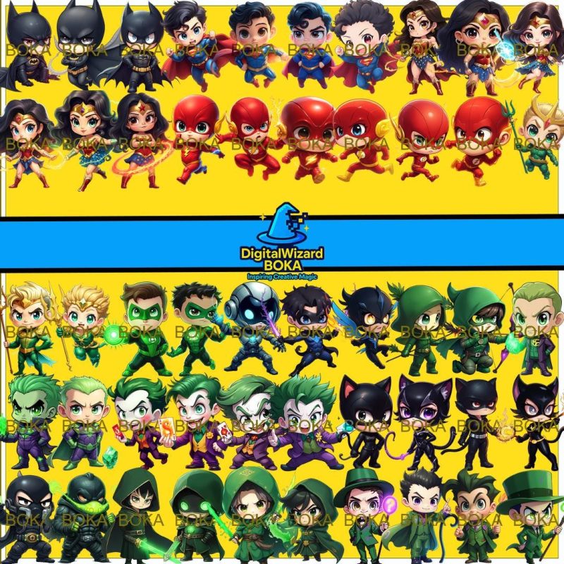Comic Hero and Villain Chibi Clipart Bundle - 300+ PNG - Action Character PNG Bundle image 2