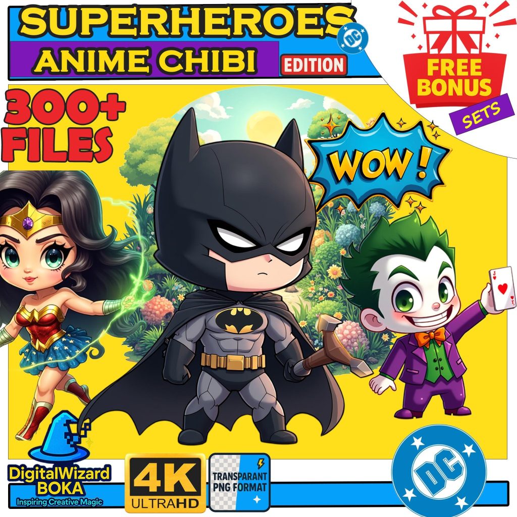 Comic Hero and Villain Chibi Clipart Bundle - 300+ PNG - Action Character PNG Bundle