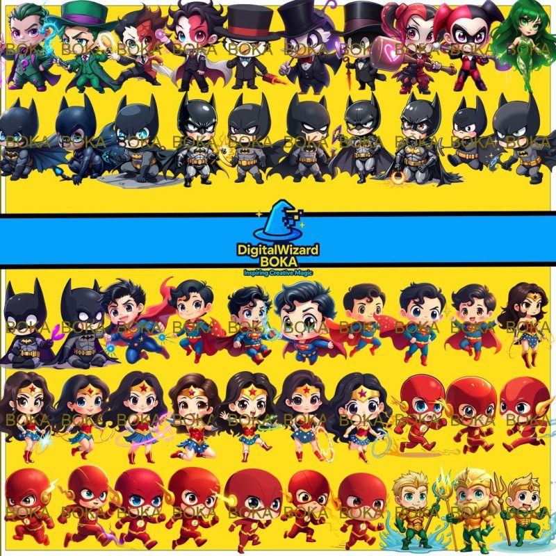 Comic Hero and Villain Chibi Clipart Bundle - 300+ PNG - Action Character PNG Bundle image 3
