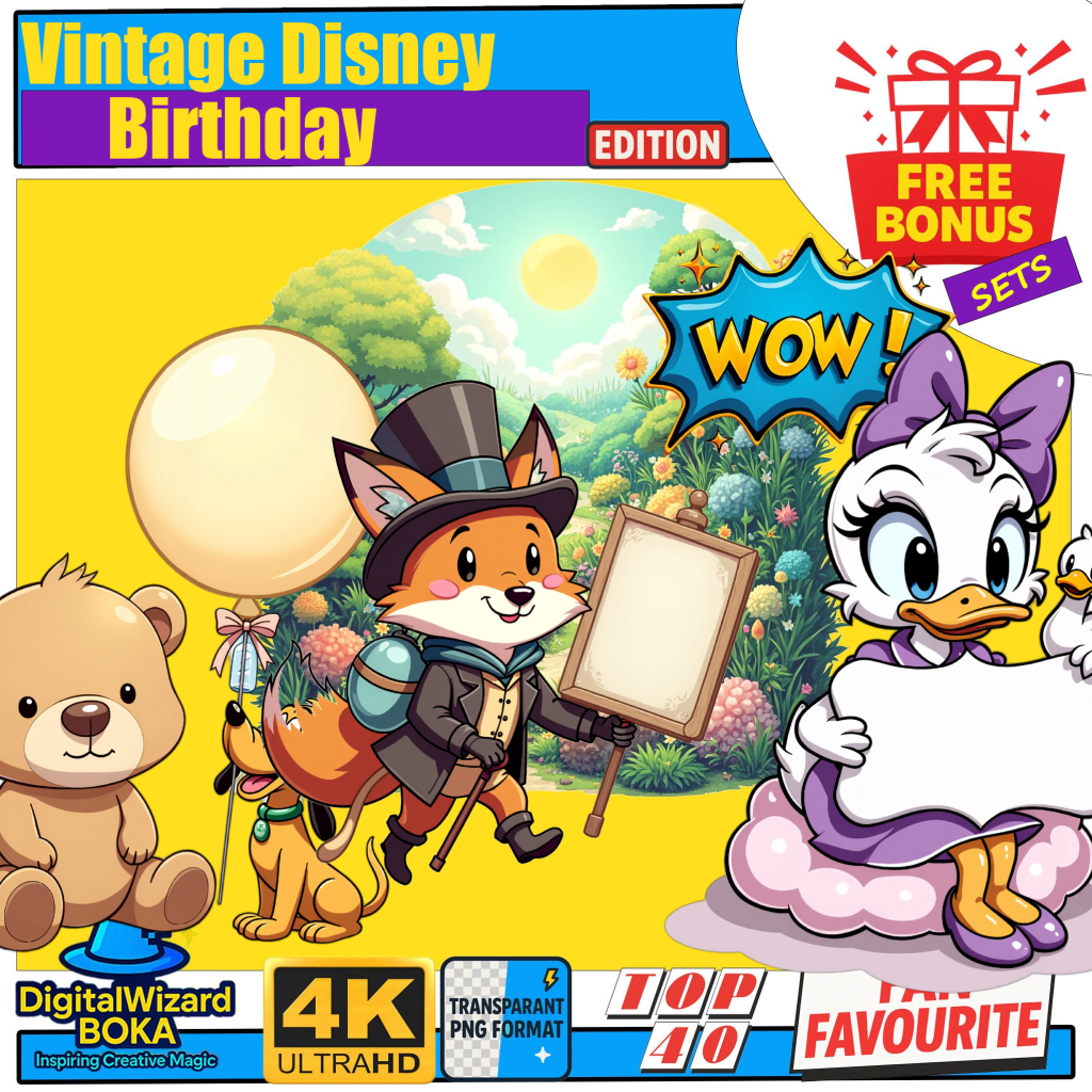 Classic Cartoon Birthday Chibi Clipart Bundle - 250 PNG - Vintage Party Characters - Transparent PNG