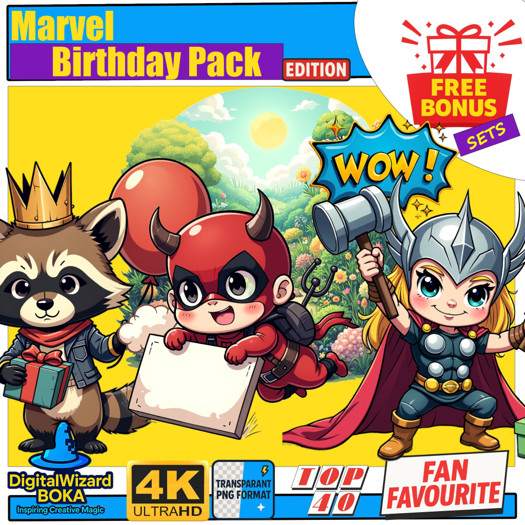 Hero Team Birthday Chibi Clipart Bundle - 200 PNG - Action Party Characters - Transparent PNG