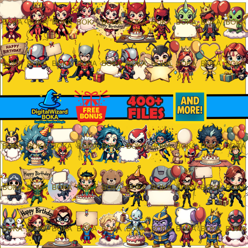 Hero Team Birthday Chibi Clipart Bundle - 200 PNG - Action Party Characters - Transparent PNG image 10