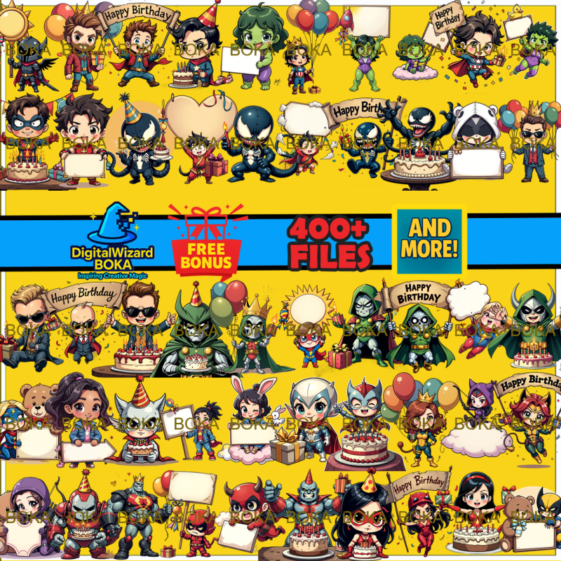Hero Team Birthday Chibi Clipart Bundle - 200 PNG - Action Party Characters - Transparent PNG image 12
