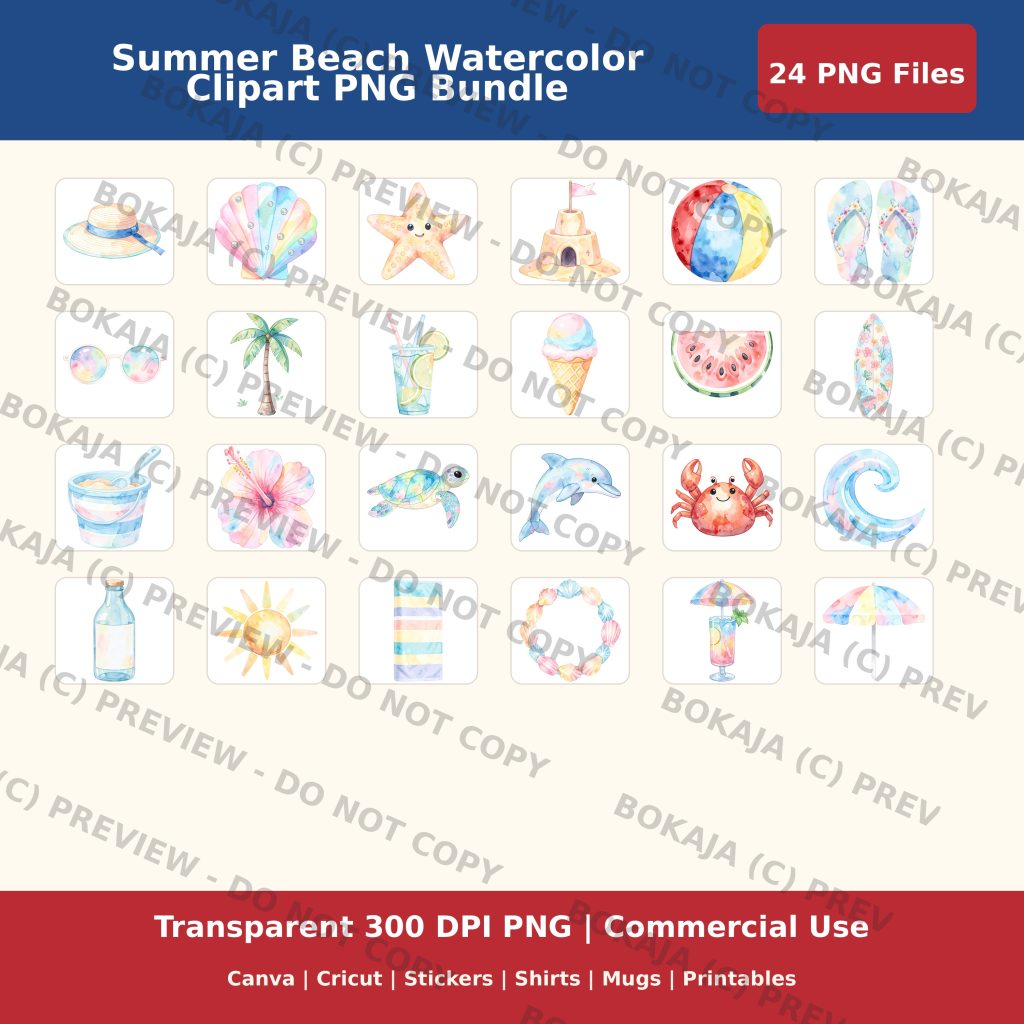 Summer Beach Watercolor Clipart PNG Bundle