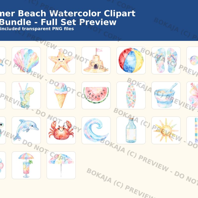 Summer Beach Watercolor Clipart PNG Bundle gallery image 2
