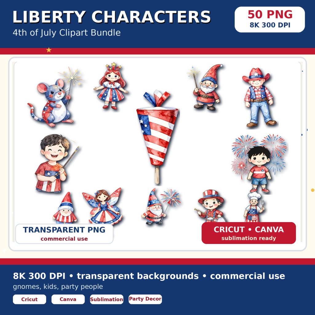 4th of July 8K PNG  – Liberty Characters and Gnomes — PNG Bundle | Bokaja
