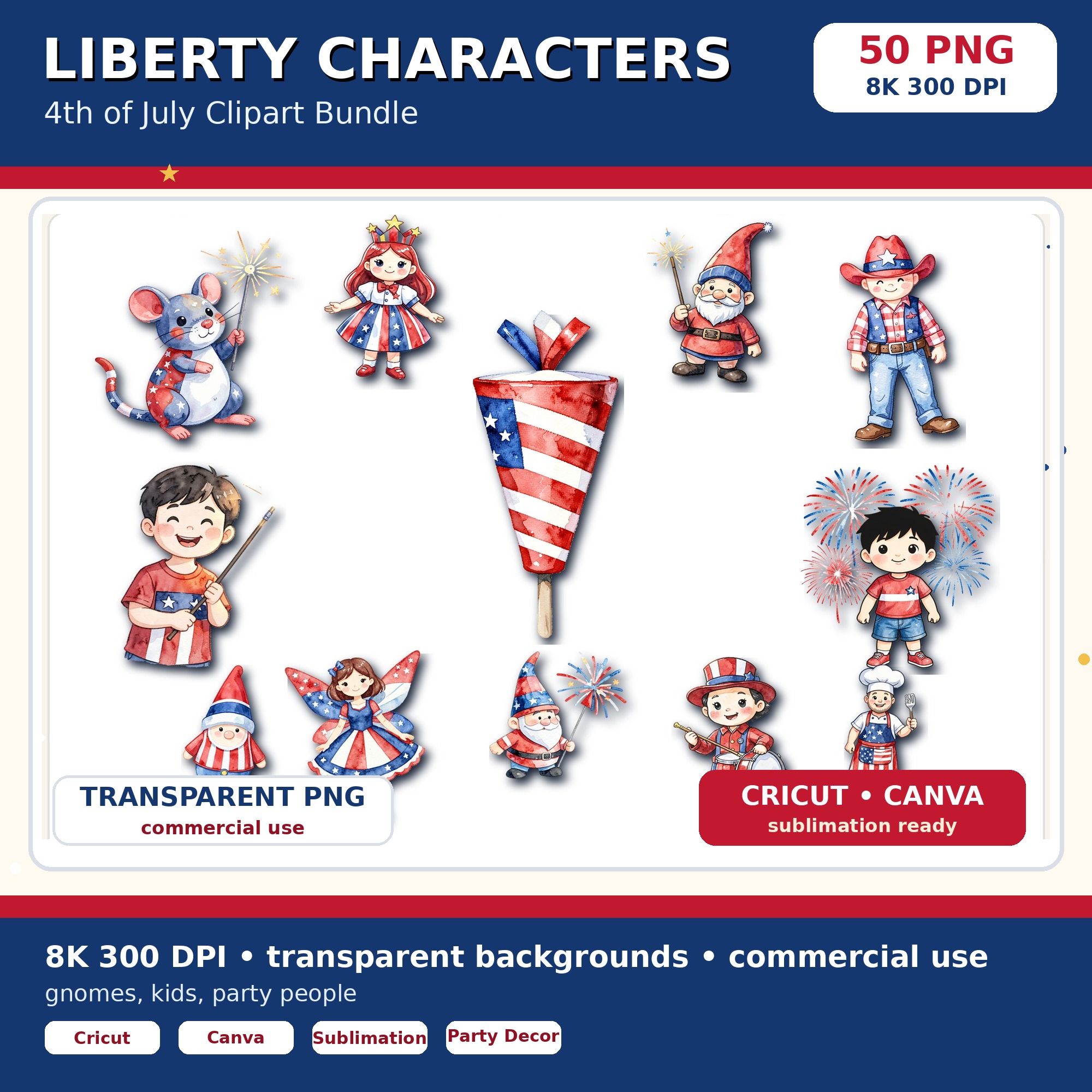 4th of July 8K 300 DPI transparent PNG clipart - Liberty Characters and Gnomes