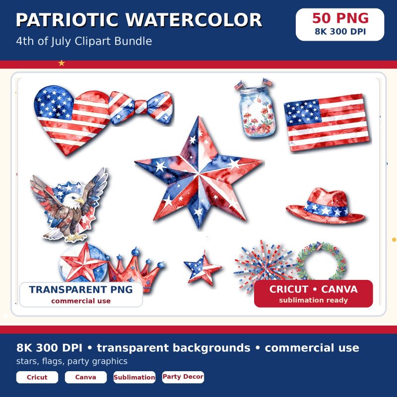 Patriotic watercolor icons 8K 300 DPI thumbnail
