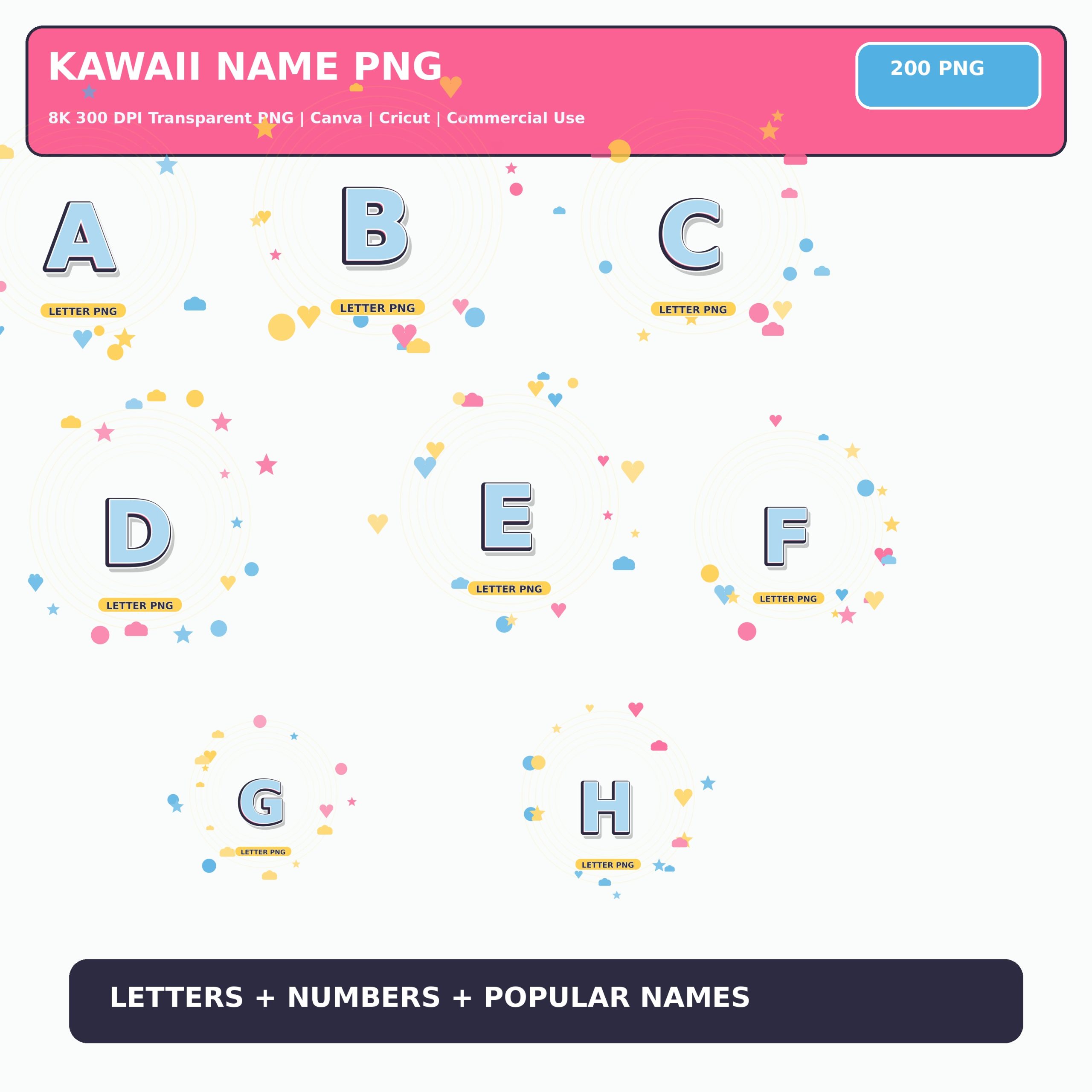 Rainbow Kawaii Names Letters and Numbers PNG Bundle, 200 PNG, 8K 300 DPI, Commercial Use preview