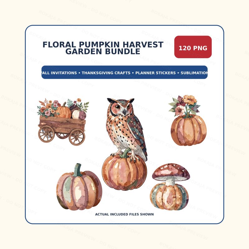 Floral Pumpkin Harvest Garden PNG Bundle
