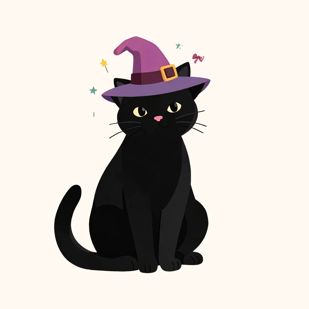 Black cat wearing a crooked witch hat PNG