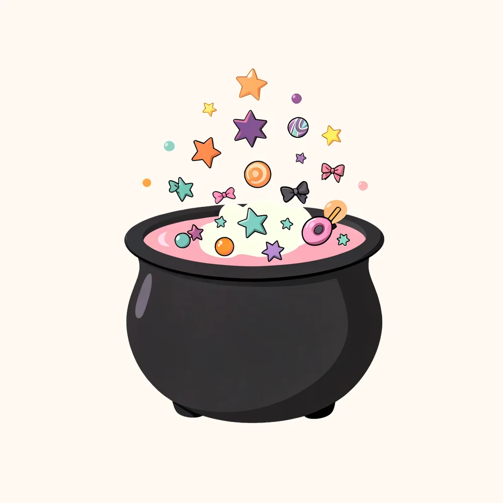 Bubbling cauldron with colorful stars and candy PNG
