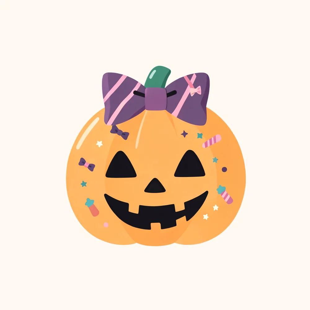 Cheerful jack-o-lantern with a striped bow PNG