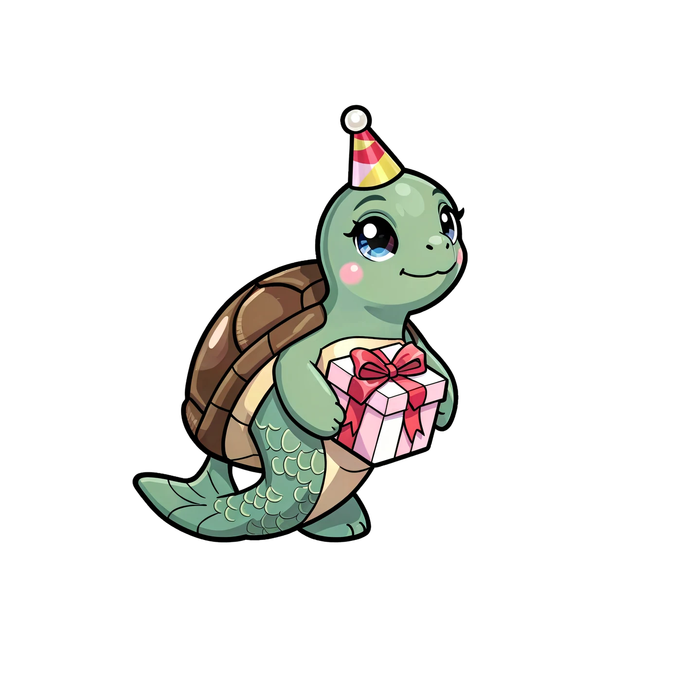 One Friendly Sea Turtle Wearing A Tiny Party Hat And Carrying One Ribboned Present 02 transparent PNG from the free Chibi Mermaid Birthday Party pack