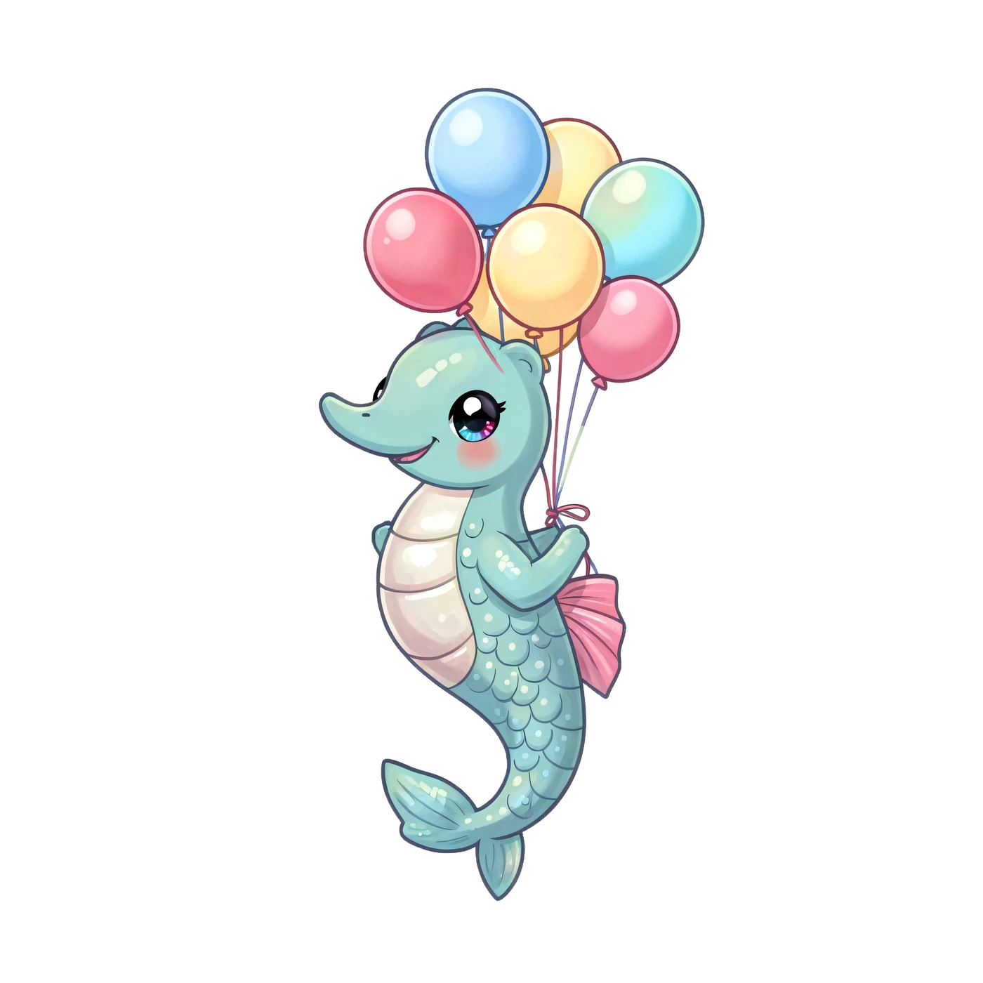 One Cheerful Seahorse Carrying A Cluster Of Round Pastel Balloons 01 transparent PNG from the free Chibi Mermaid Birthday Party pack