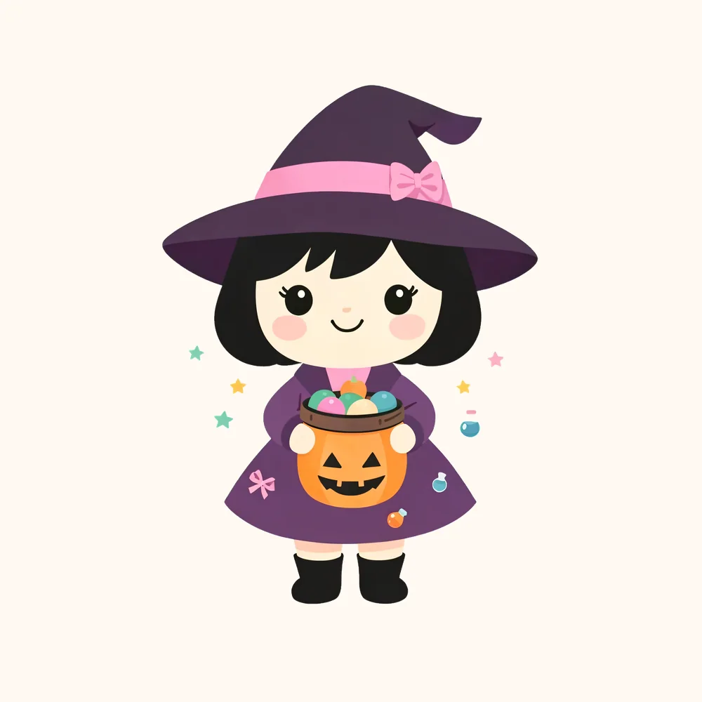 Friendly chibi witch holding a pumpkin candy bucket PNG