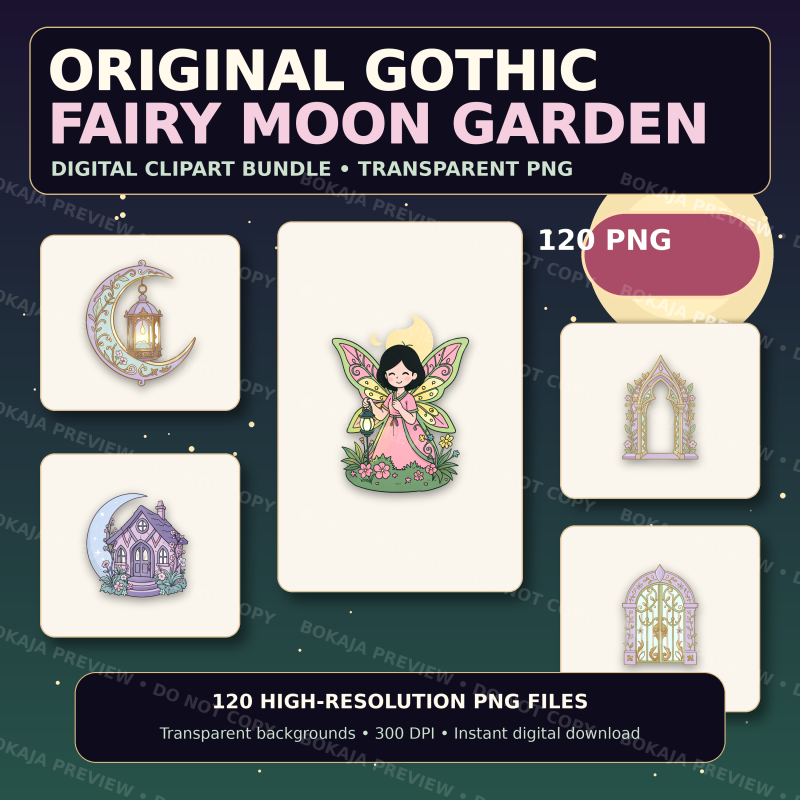 Gothic Fairy Moon Garden PNG Bundle — 120 Clipart Files
