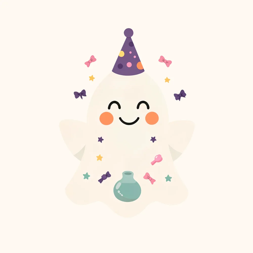 Smiling ghost wearing a purple party hat PNG