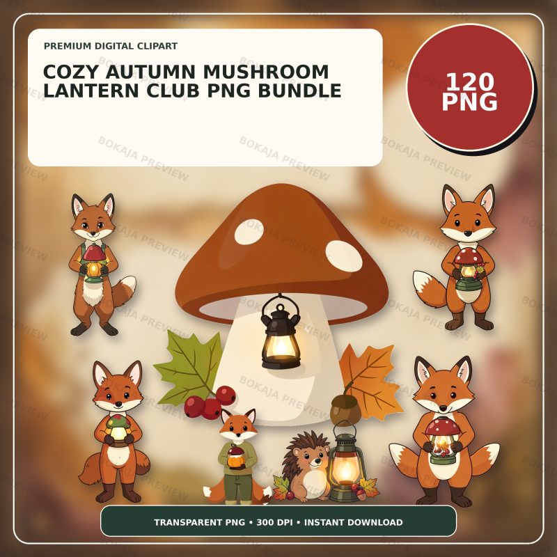 Cozy Autumn Mushroom Lantern Club PNG Bundle