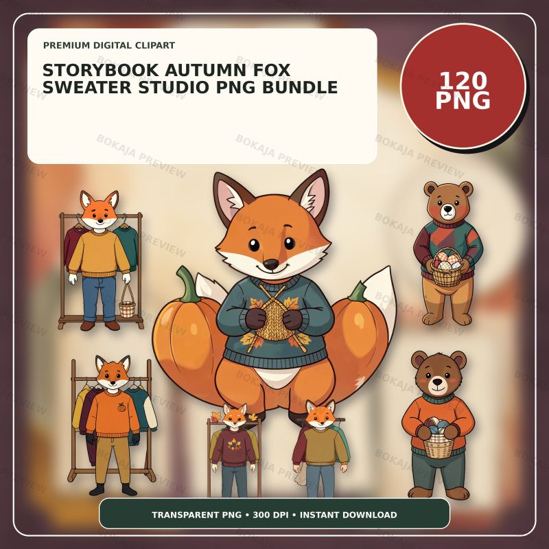 Storybook Autumn Fox Sweater Studio PNG Bundle