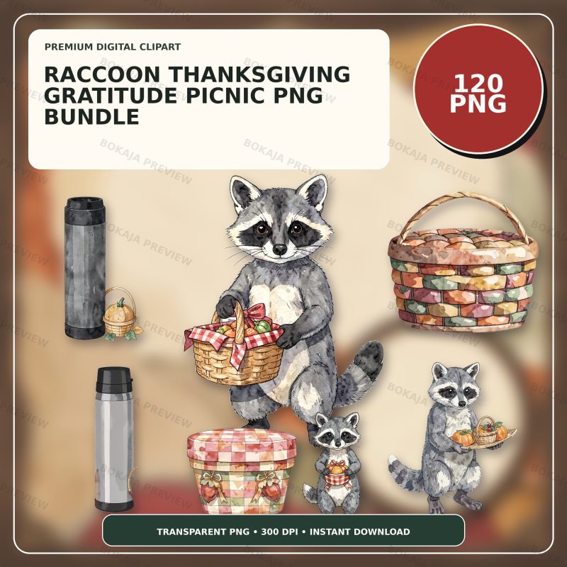 Raccoon Thanksgiving Gratitude Picnic PNG Bundle