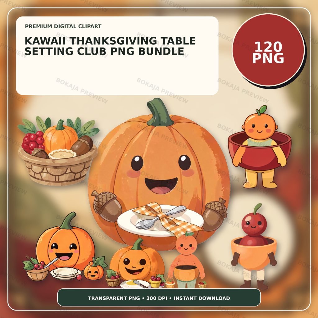 Kawaii Thanksgiving Table Setting Club PNG Bundle