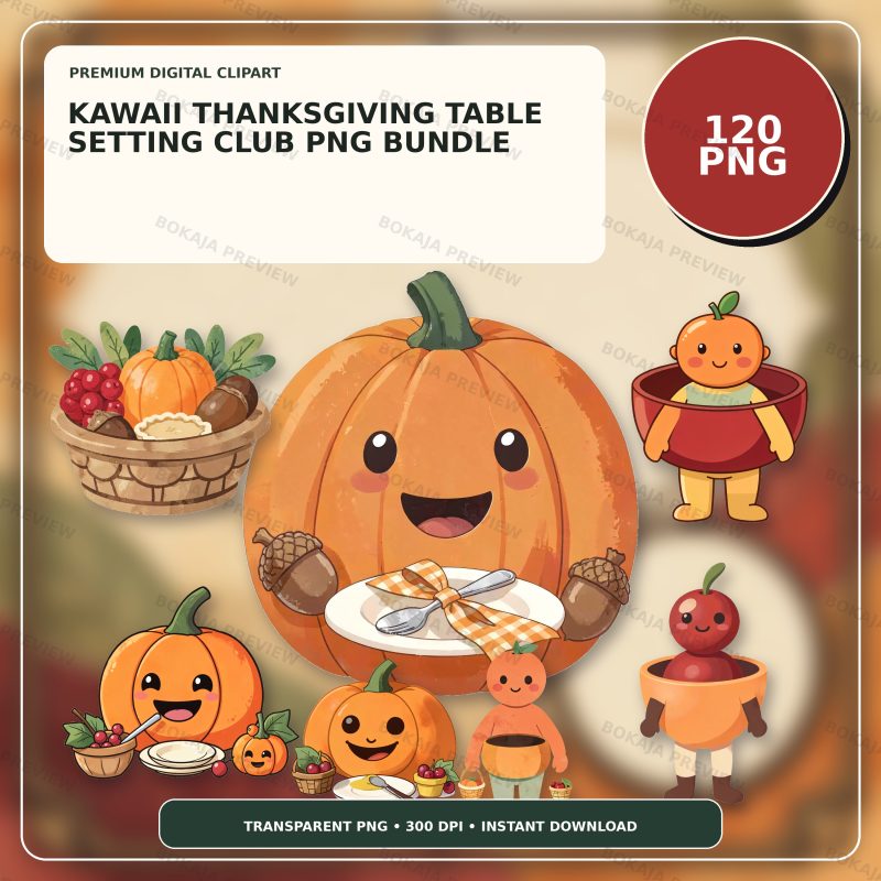 Kawaii Thanksgiving Table Setting Club PNG Bundle