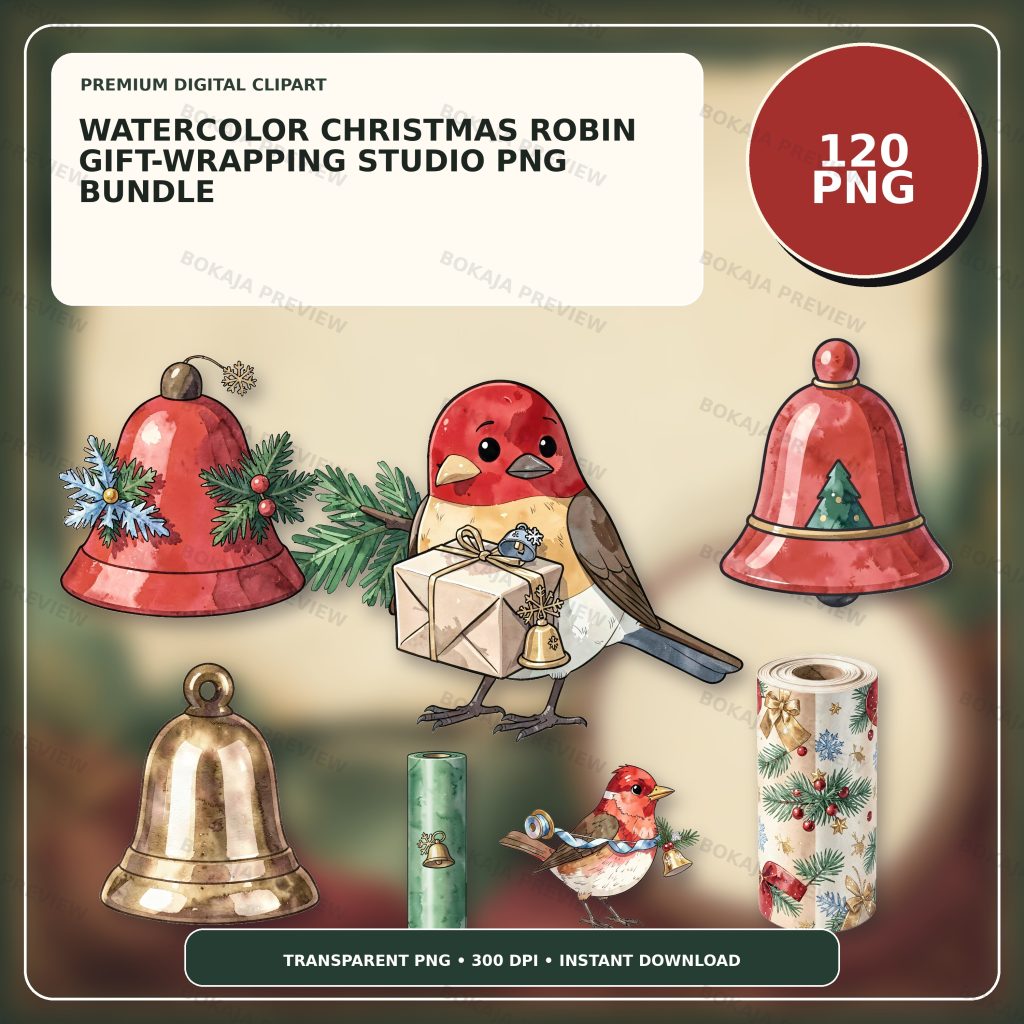 Watercolor Christmas Robin Gift-Wrapping Studio PNG Bundle