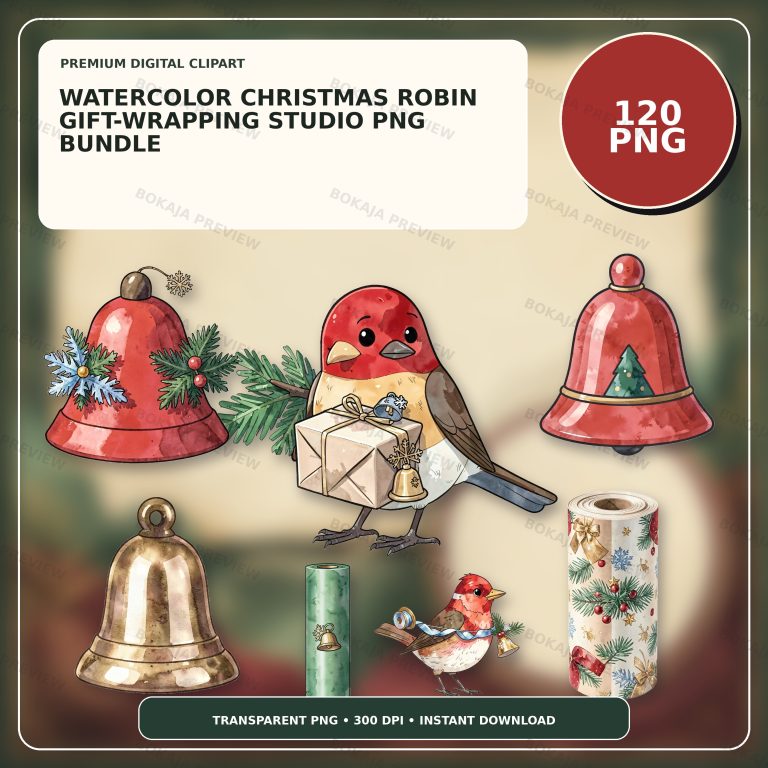 Watercolor Christmas Robin Gift-Wrapping Studio PNG Bundle protected preview 1