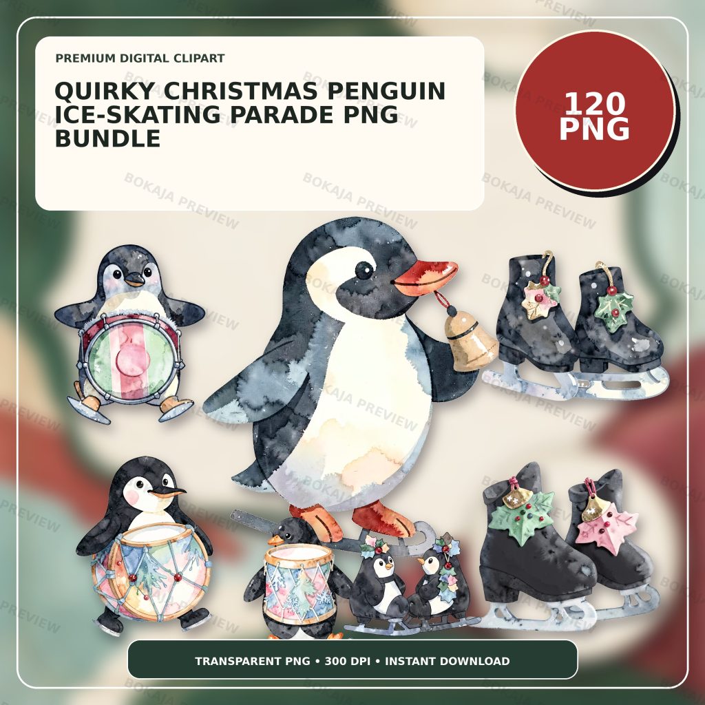 Quirky Christmas Penguin Ice-Skating Parade PNG Bundle