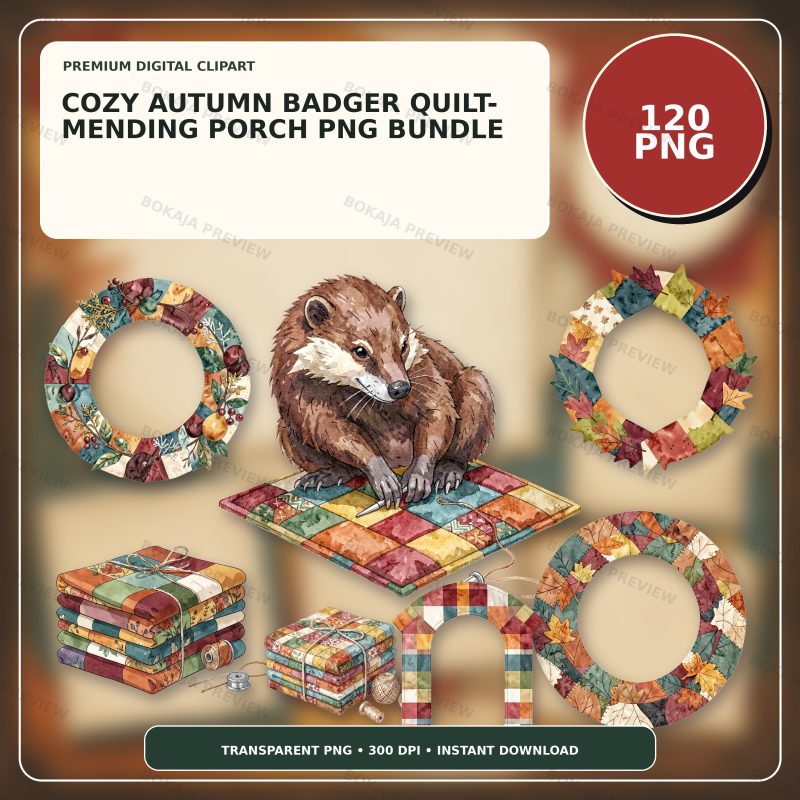 Cozy Autumn Badger Quilt-Mending Porch PNG Bundle