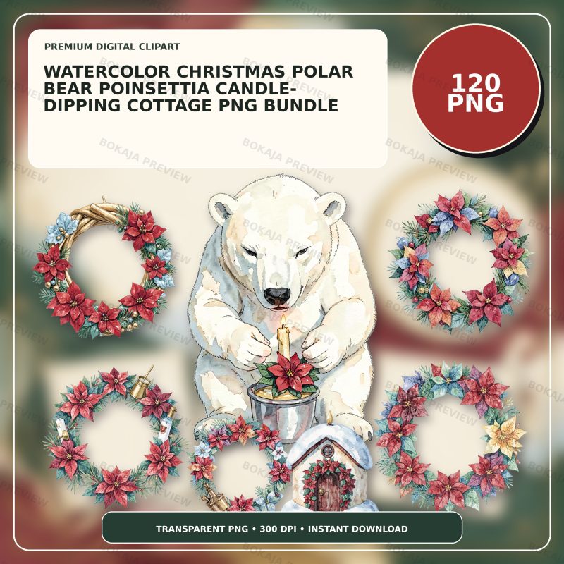 Watercolor Christmas Polar Bear Poinsettia Candle-Dipping Cottage PNG Bundle