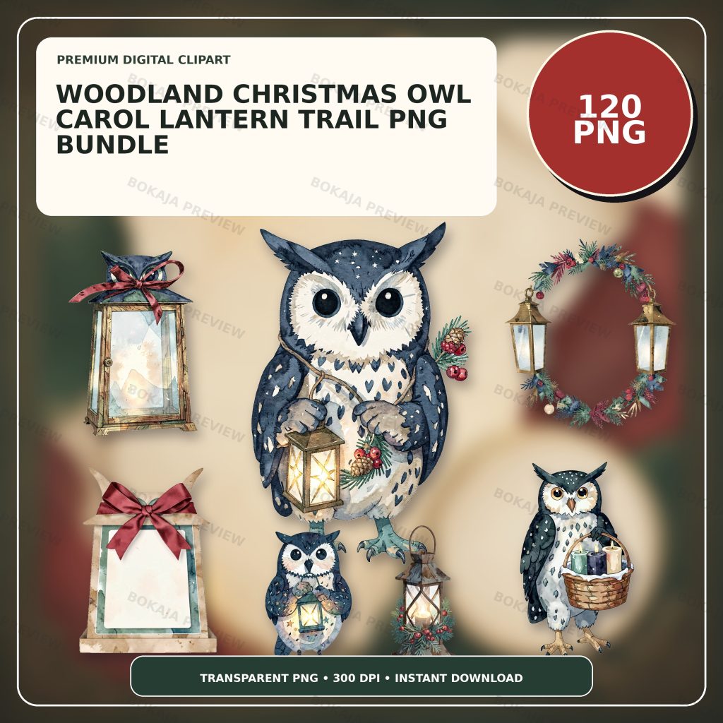 Woodland Christmas Owl Carol Lantern Trail PNG Bundle protected preview 1