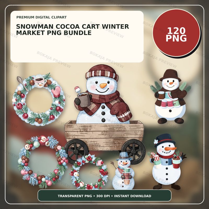 Snowman Cocoa Cart Winter Market PNG Bundle image 1