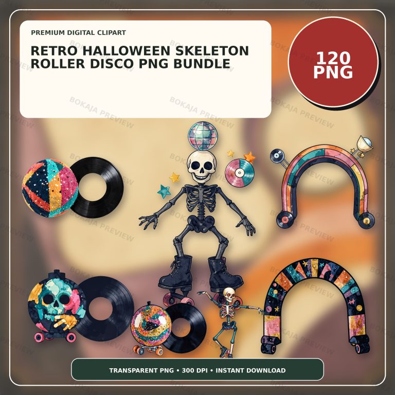 Retro Halloween Skeleton Roller Disco PNG Bundle protected preview 1