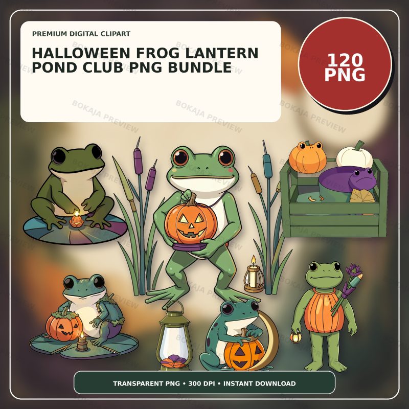 Halloween Frog Lantern Pond Club PNG Bundle image 1
