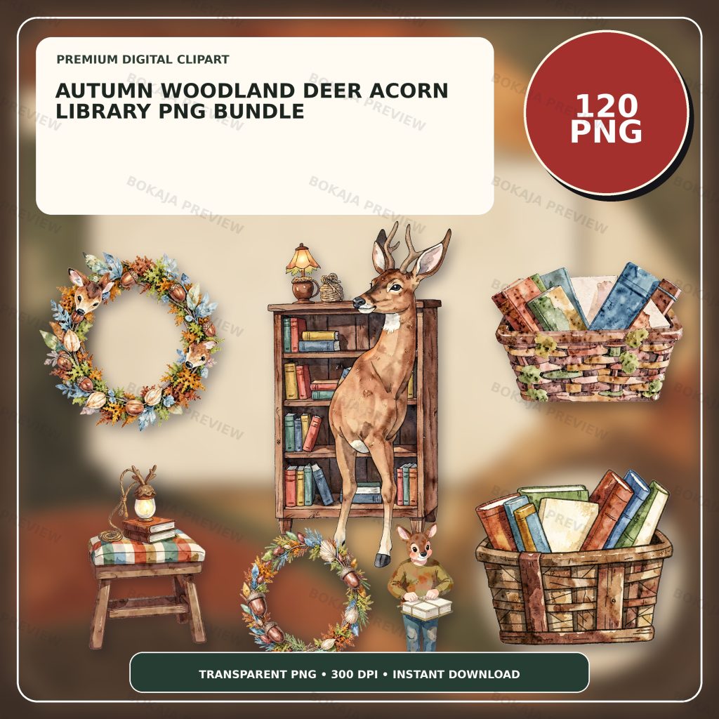 Autumn Woodland Deer Acorn Library PNG Bundle