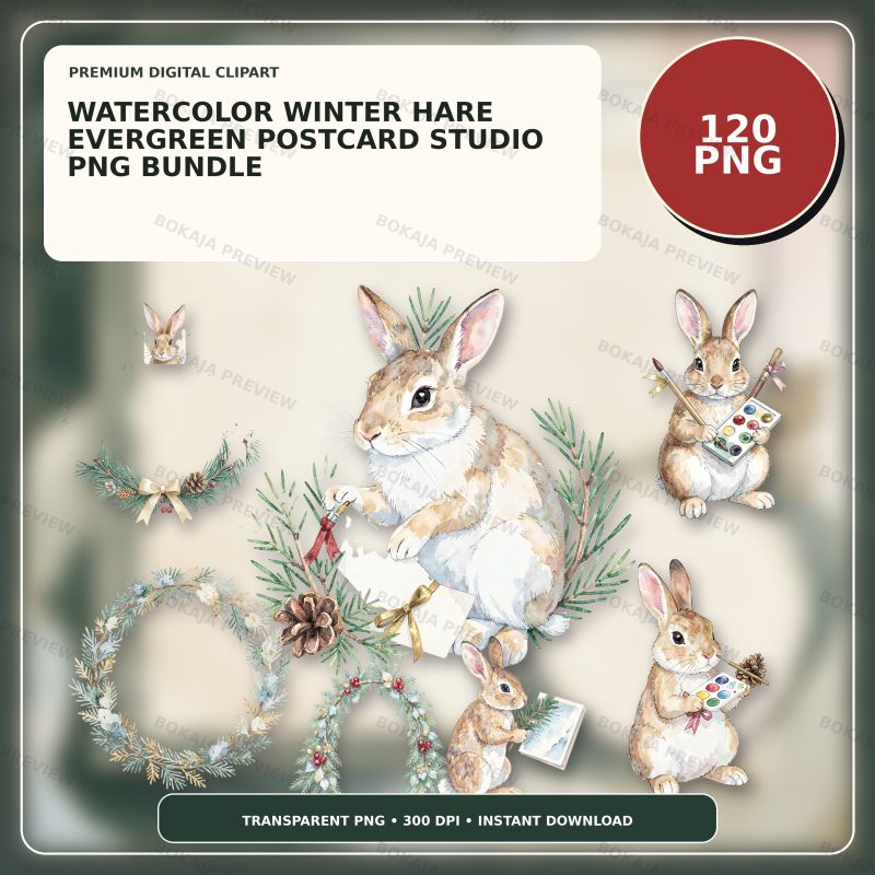 Watercolor Winter Hare Evergreen Postcard Studio PNG Bundle