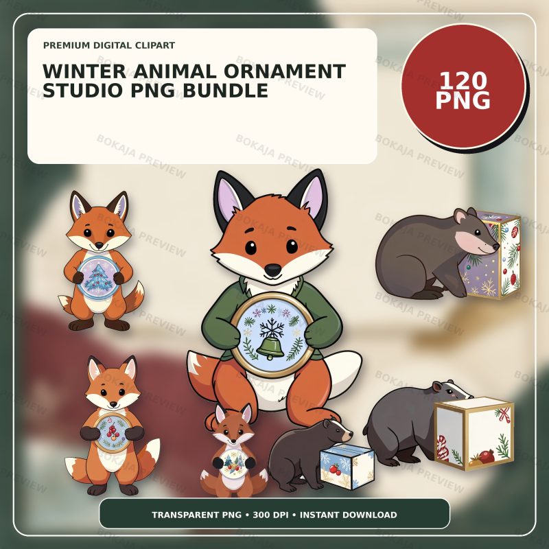 Winter Animal Ornament Studio PNG Bundle