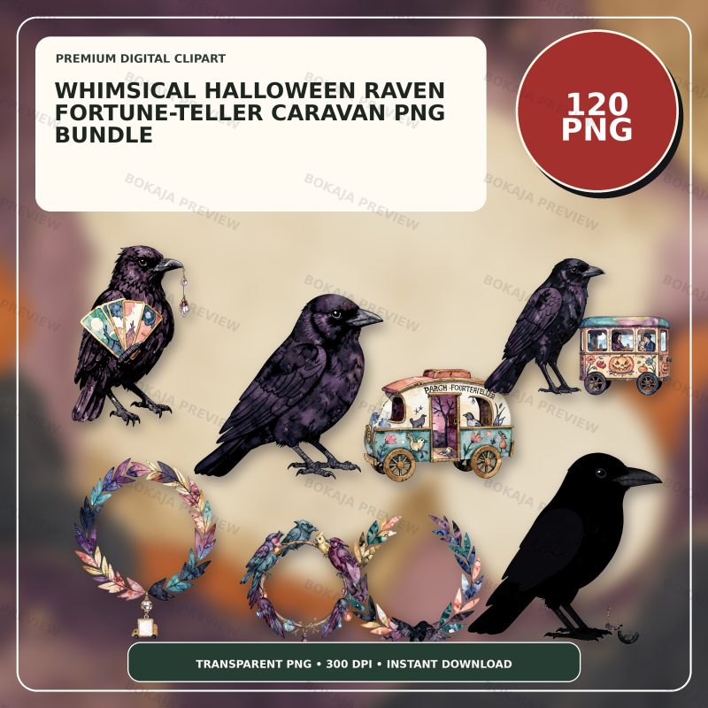 Whimsical Halloween Raven Fortune-Teller Caravan PNG Bundle
