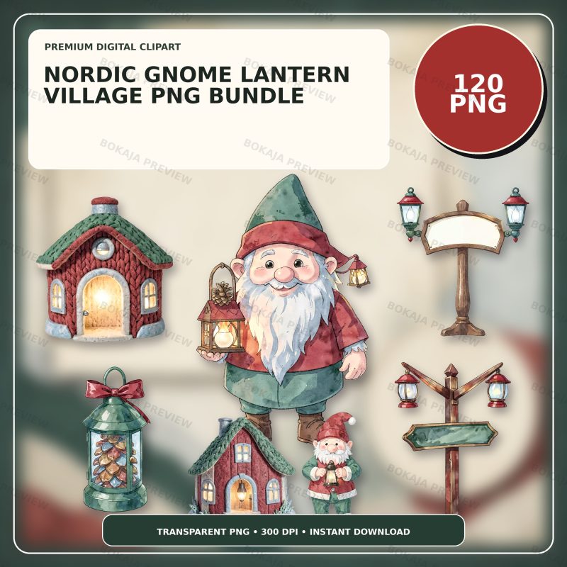 Nordic Gnome Lantern Village PNG Bundle