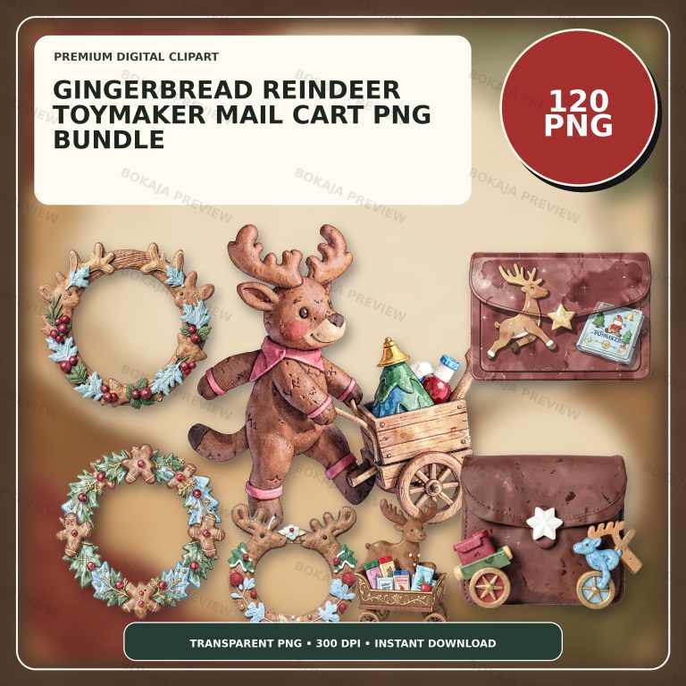Gingerbread Reindeer Toymaker Mail Cart PNG Bundle protected preview 1
