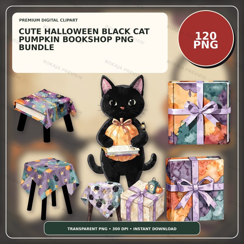 Cute Halloween Black Cat Pumpkin Bookshop PNG Bundle image 1