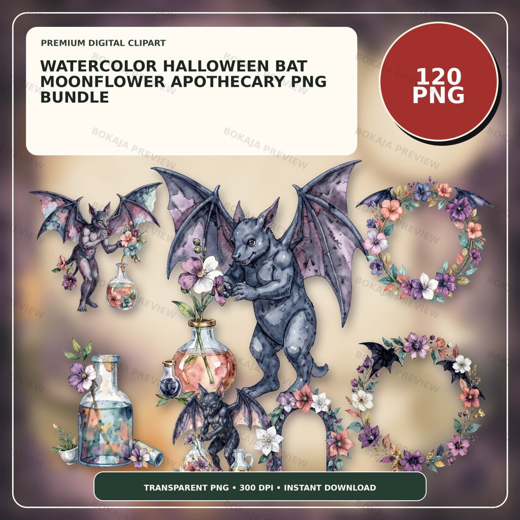 Watercolor Halloween Bat Moonflower Apothecary PNG Bundle