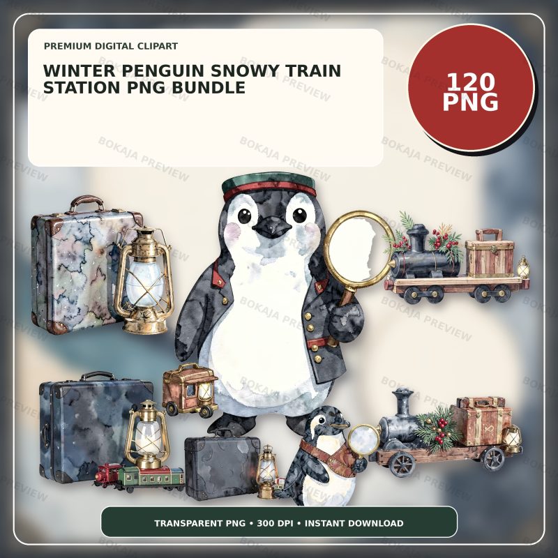 Winter Penguin Snowy Train Station PNG Bundle