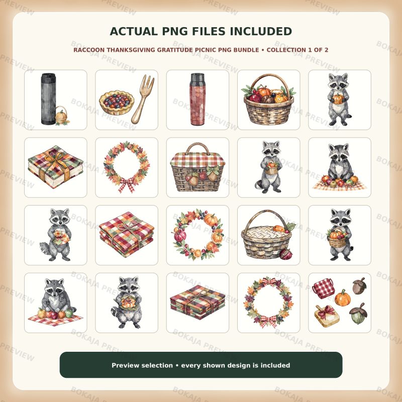Raccoon Thanksgiving Gratitude Picnic PNG Bundle image 2